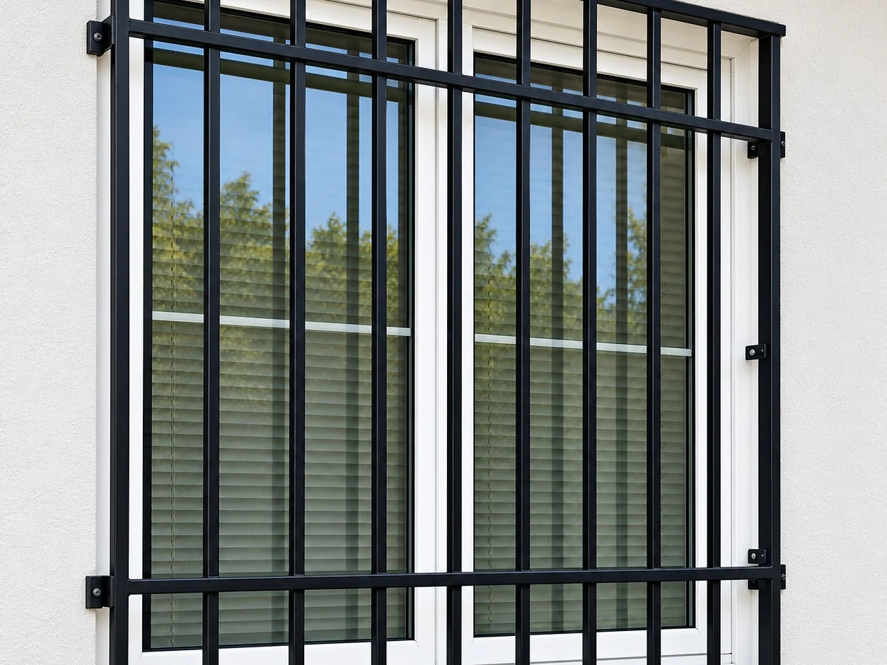 Black steel window security grille with vertical bars fitted over a white-framed window