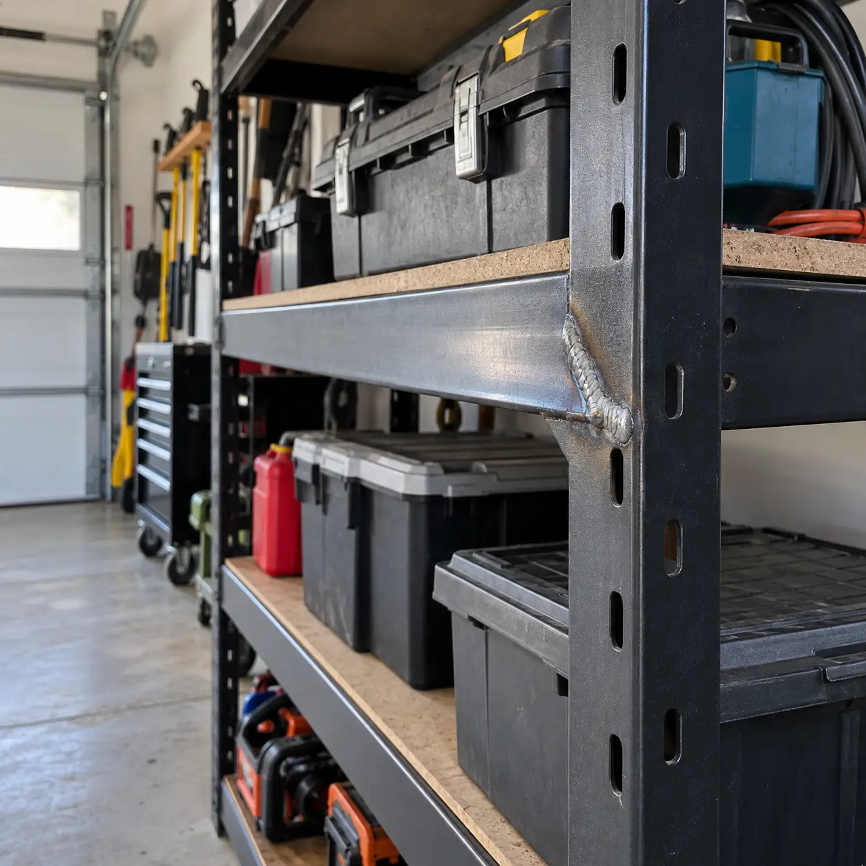 Garage storage racking with a repaired steel frame